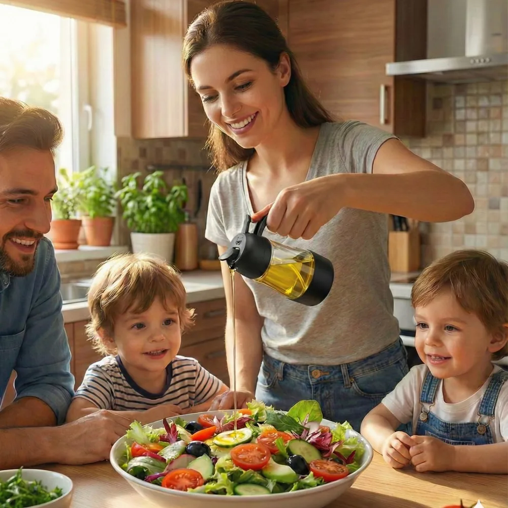 Familia disfrutando de una ensalada con la aceitera Vitachy